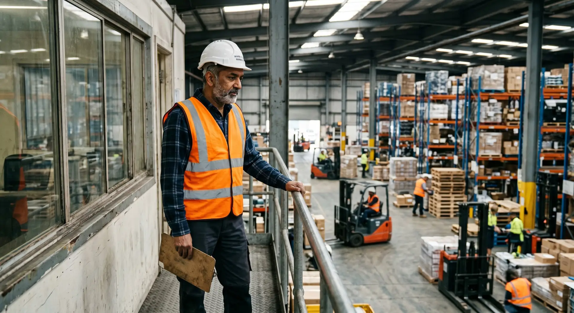 Warehouse manager in his 50s wearing a hard hat and high-visibility vest stands near an office window, looking out over a busy warehouse floor.